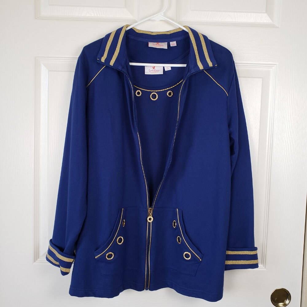 Quacker Factory Blue Full Zip Jacket & Tank Set Gold Accents Size L